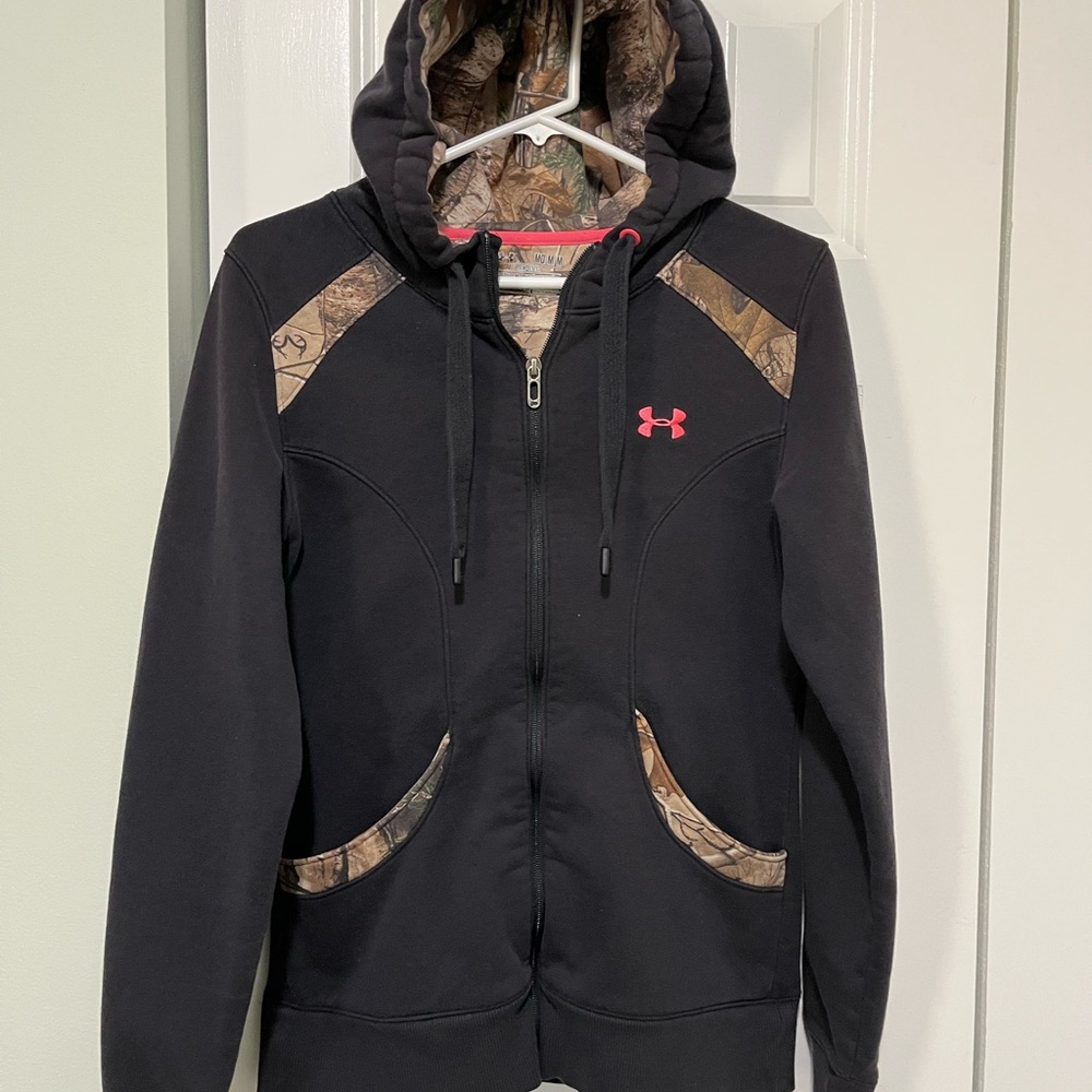 Under Armour Black Zip Hoodie with Camo Accents and Pink Logo